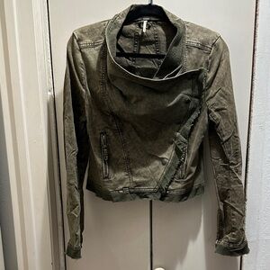 Free People Distressed Utility Jacket in Dark Olive